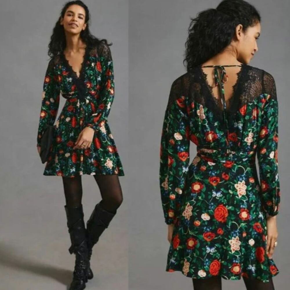 Anthropologie Lacy V-Neck Mini Dress Sz 8 Black Floral Long Sleeve New!
